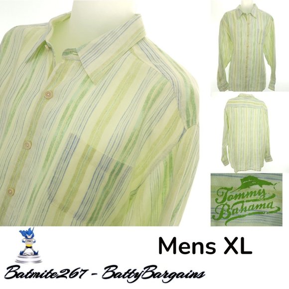 Tommy Bahama Mens XL Linen Shirt L/S Green Yellow Stripe Button Up Beach Wear - Picture 1 of 12